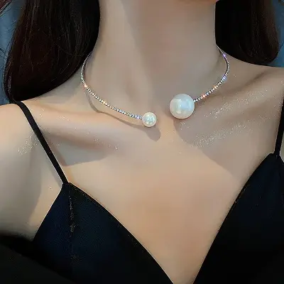 Picture of Simple Elegant Zircon Crystal Choker Necklaces for Women Pearl Rhinestone Geometric Chain Necklaces For Women Statement Jewelry