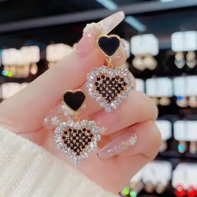Picture of Earings Fashion Jewelry Sweet And Cute Peach Heart Crystal Tassel Earrings For Women Elegant Glamour Valentines Day Gift