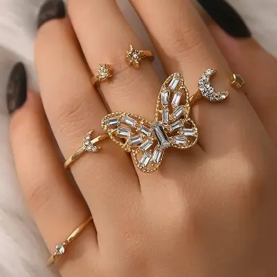 Picture of 5Pcs/set Crystal Metal Ecrouse for Butterfly Rings Mid Finger Rings