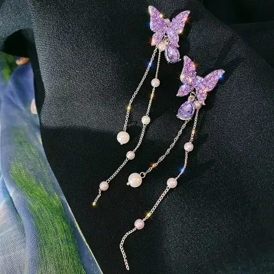 Picture of Korean Purple Crystal Butterfly Drop Earring For Women New Fashion Imitation  Tassel Chain Rhinestone Earring Jewelry Gift