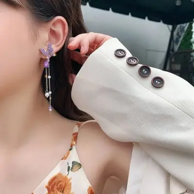 Picture of Korean Purple Crystal Butterfly Drop Earring For Women New Fashion Imitation  Tassel Chain Rhinestone Earring Jewelry Gift