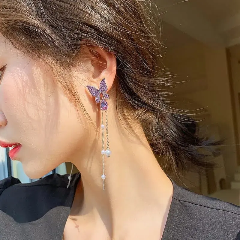 Picture of Korean Purple Crystal Butterfly Drop Earring For Women New Fashion Imitation  Tassel Chain Rhinestone Earring Jewelry Gift