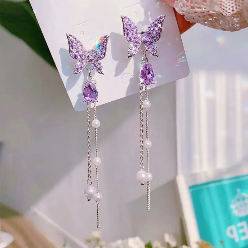 Picture of Korean Purple Crystal Butterfly Drop Earring For Women New Fashion Imitation  Tassel Chain Rhinestone Earring Jewelry Gift