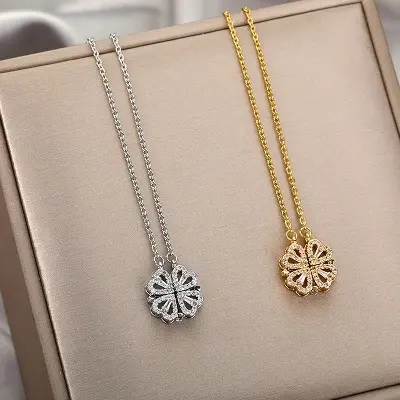 Picture of Magnetic Folding Heart Shaped Four Leaf Clover Pendant Necklace For Women