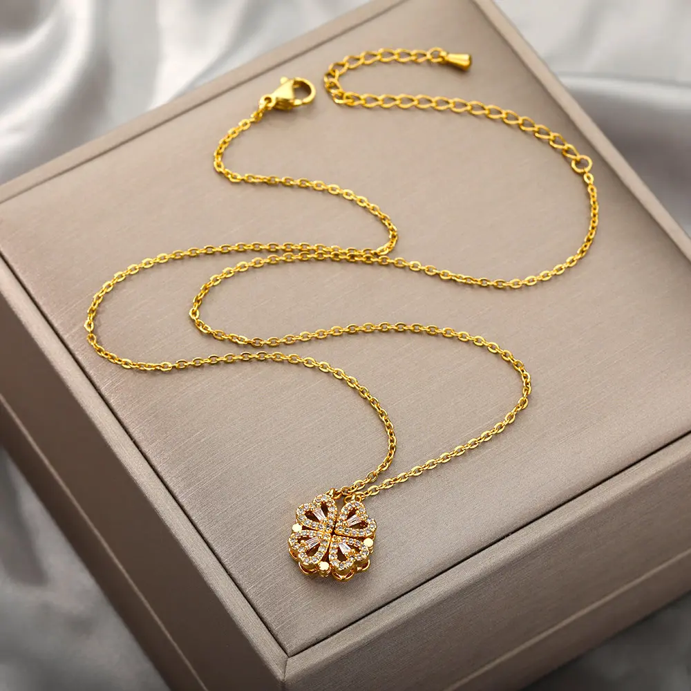 Picture of Magnetic Folding Heart Shaped Four Leaf Clover Pendant Necklace For Women