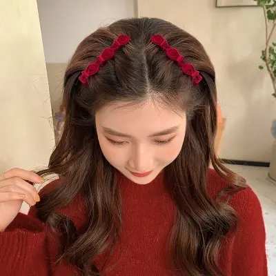 Picture of Fashion Braided Hair Clips Korean Style Flocking Sweet Cute Hair Clips for Girls Summer Bangs Side Clip