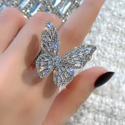 Picture of Fashion Hollow Rhinestone Butterfly Rings Multicolor Adjustable Metal Open Ring for Women Girls Party Jewelry Ring Gifts