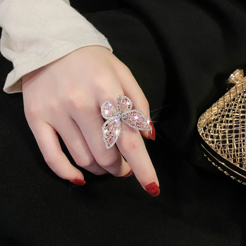 Picture of Fashion Hollow Rhinestone Butterfly Rings Multicolor Adjustable Metal Open Ring for Women Girls Party Jewelry Ring Gifts