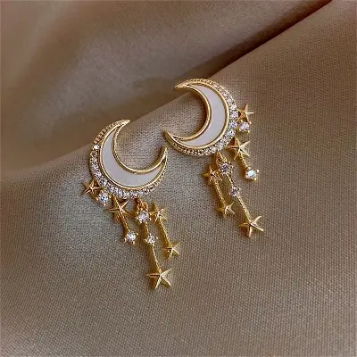 Picture of Fashion Classic Geometric Women Girls Dangle Earrings Asymmetric Earrings of Rhinestone Star and Moon Tassel Party Jewelry Gifts for Bithday ,Party or any occassions