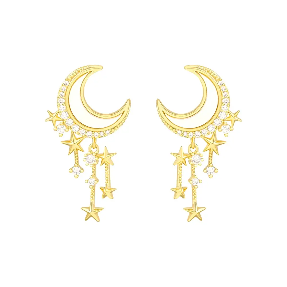 Picture of Fashion Classic Geometric Women Girls Dangle Earrings Asymmetric Earrings of Rhinestone Star and Moon Tassel Party Jewelry Gifts for Bithday ,Party or any occassions