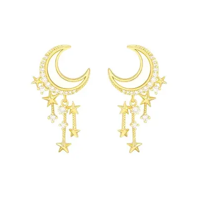 Picture of Fashion Classic Geometric Women Girls Dangle Earrings Asymmetric Earrings of Rhinestone Star and Moon Tassel Party Jewelry Gifts for Bithday ,Party or any occassions