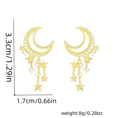 Picture of Fashion Classic Geometric Women Girls Dangle Earrings Asymmetric Earrings of Rhinestone Star and Moon Tassel Party Jewelry Gifts for Bithday ,Party or any occassions