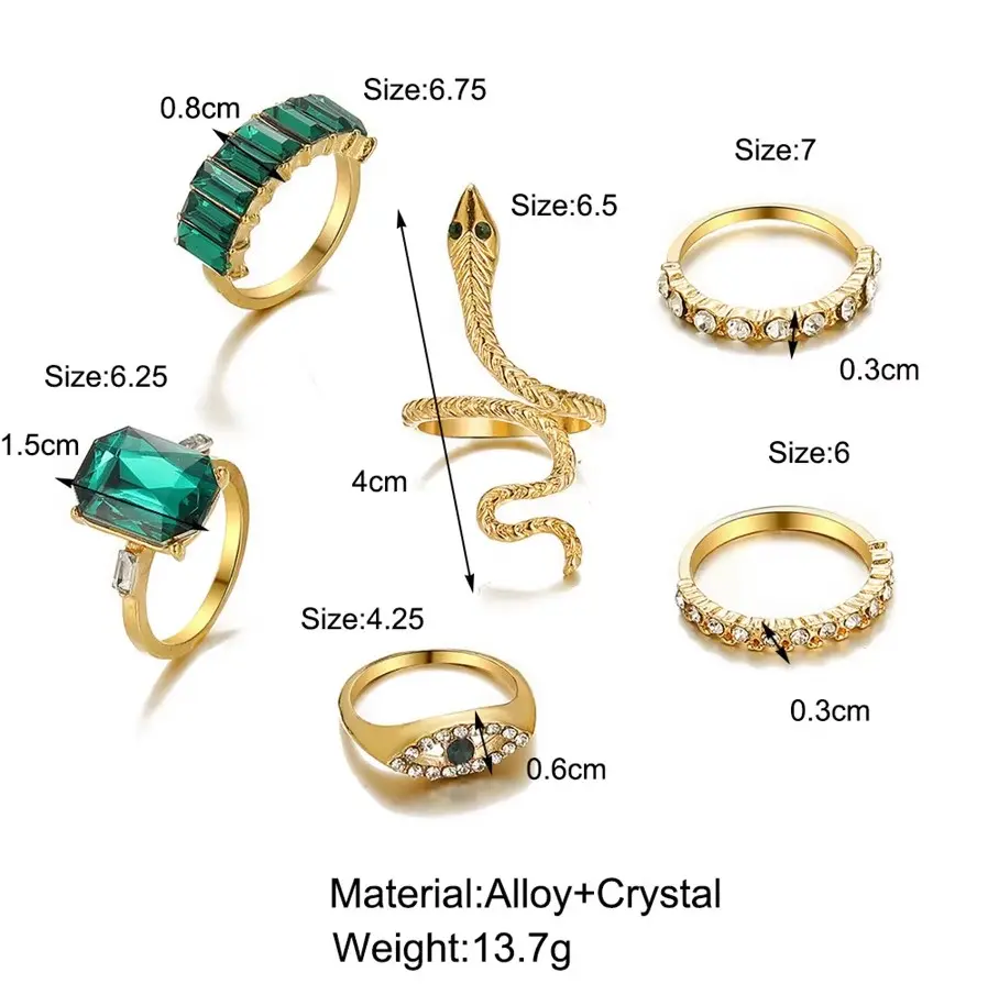 Picture of 6PCS Green Crystal Snake Rings Set for Women Gold Plated Vintage Aesthetic Geometric Luxury Metal Retro Finger Ring Jewelry Gift