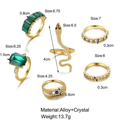 Picture of 6PCS Green Crystal Snake Rings Set for Women Gold Plated Vintage Aesthetic Geometric Luxury Metal Retro Finger Ring Jewelry Gift