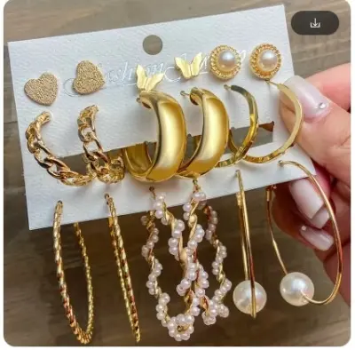 Picture of 9 Pcs Hoop Earrings Set for Women PearlTwisted  Earrings Hepburn Style Pearl Fashion Jewelry
