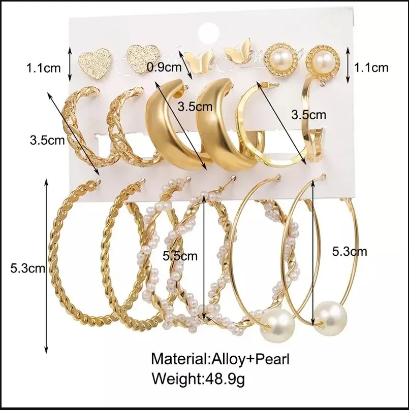 Picture of 9 Pcs Hoop Earrings Set for Women PearlTwisted  Earrings Hepburn Style Pearl Fashion Jewelry