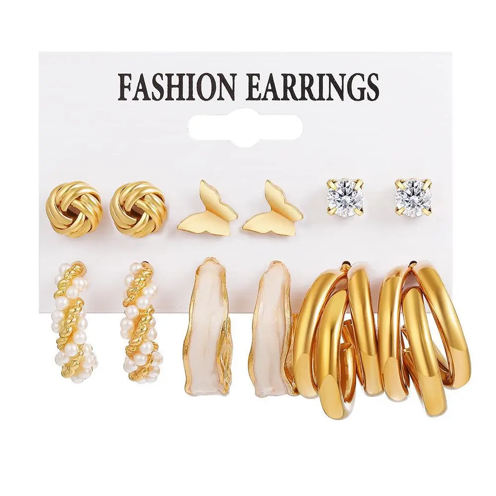 Picture of KISSWIFE Gold Color Metal Pearl Earrings Set For Women Girls Geometric Black Square Hoop Earrings Charm Jewelry Female 2022 New