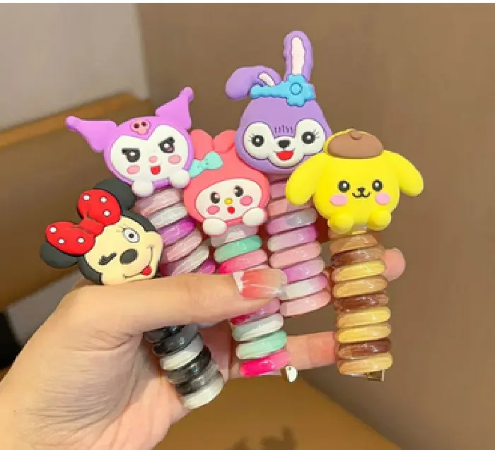 Picture of 2 PCS Cartoon Cute Colorful Telephone Wire Hair Rope For Kids Fashion Spiral Hair Ties Kawaii High Ponytail Elastic Rubber Band