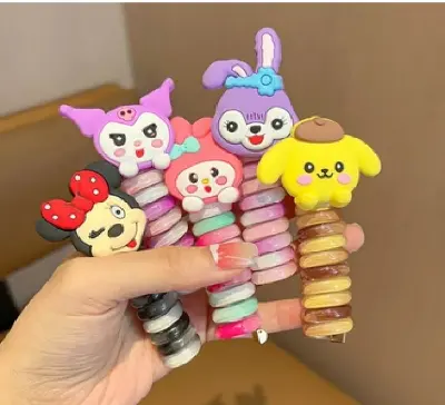 Picture of 2 PCS Cartoon Cute Colorful Telephone Wire Hair Rope For Kids Fashion Spiral Hair Ties Kawaii High Ponytail Elastic Rubber Band