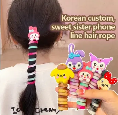 Picture of 2 PCS Cartoon Cute Colorful Telephone Wire Hair Rope For Kids Fashion Spiral Hair Ties Kawaii High Ponytail Elastic Rubber Band