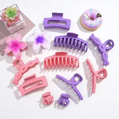 Picture of 6 pcs ornament shark clip set pink and purple series grab clip set, hair ornament shark clip for girls and women