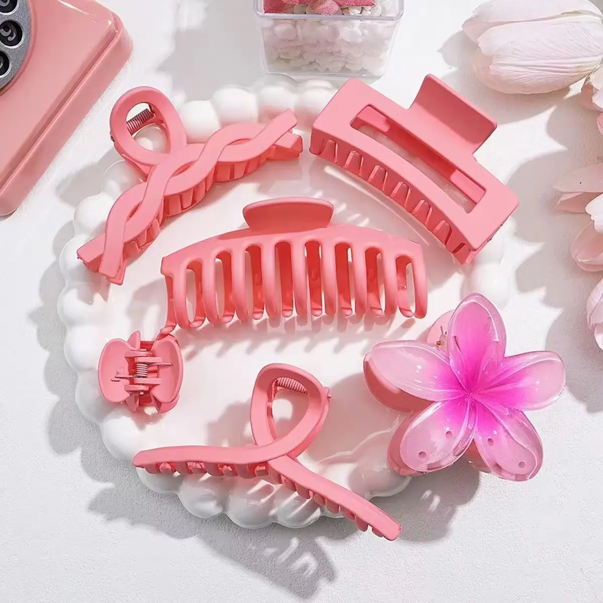 Picture of 6 pcs ornament shark clip set pink and purple series grab clip set, hair ornament shark clip for girls and women