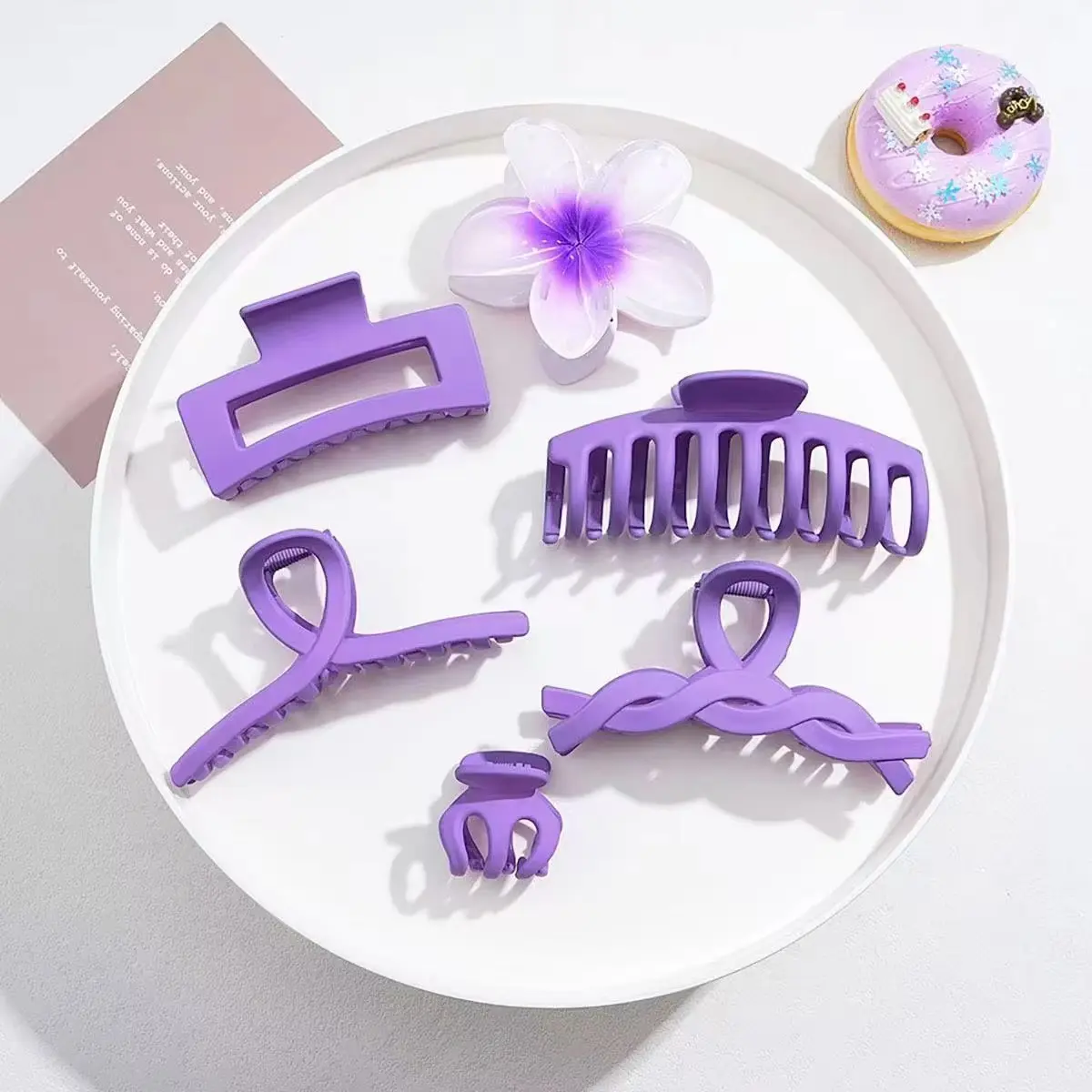 Picture of 6 pcs ornament shark clip set pink and purple series grab clip set, hair ornament shark clip for girls and women