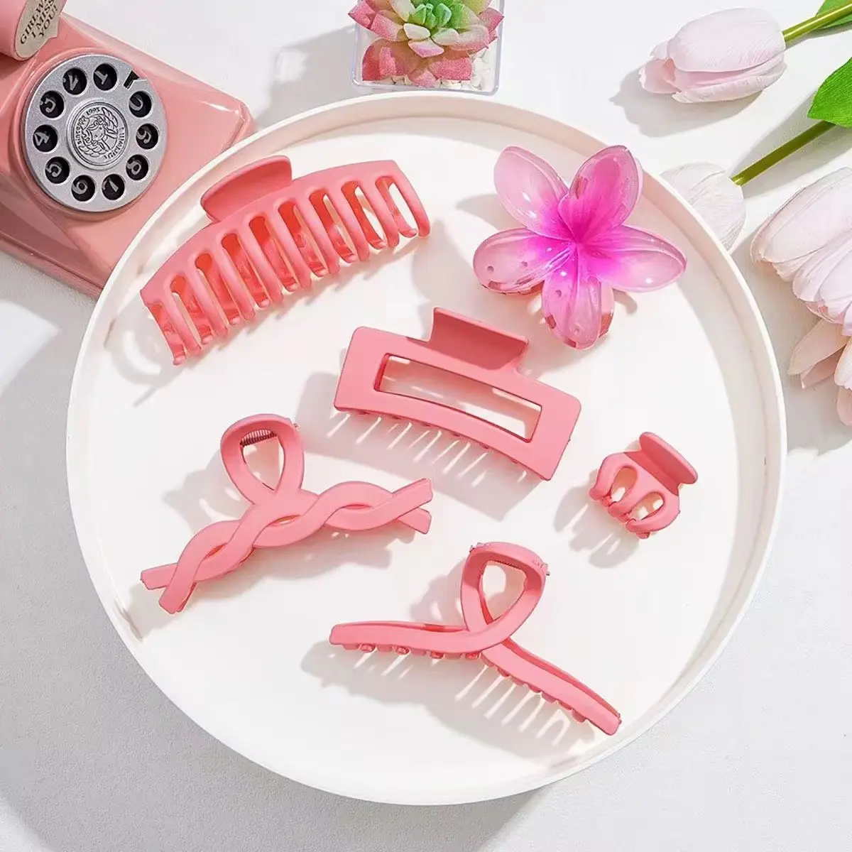 Picture of 6 pcs ornament shark clip set pink and purple series grab clip set, hair ornament shark clip for girls and women