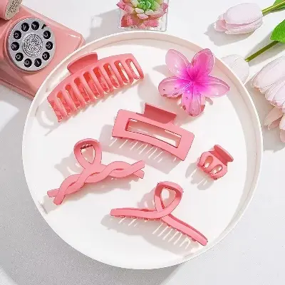 Picture of 6 pcs ornament shark clip set pink and purple series grab clip set, hair ornament shark clip for girls and women