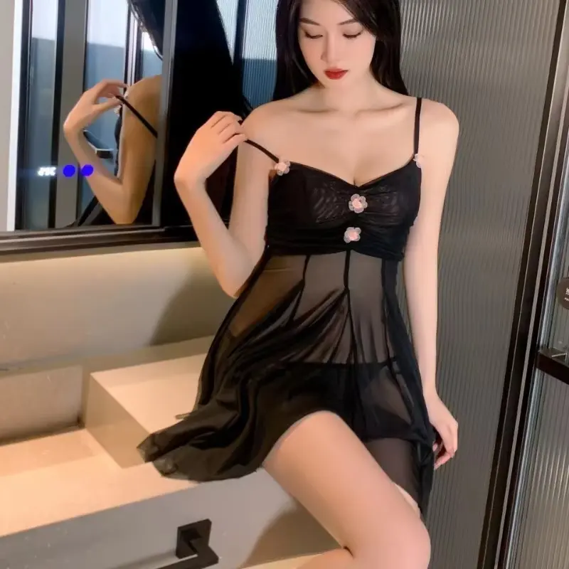 Picture of New Style Ladies Hgih Waist Mesh Spicy Girl Transparent Strap Mini Scirt Dress Flower Sleepwear