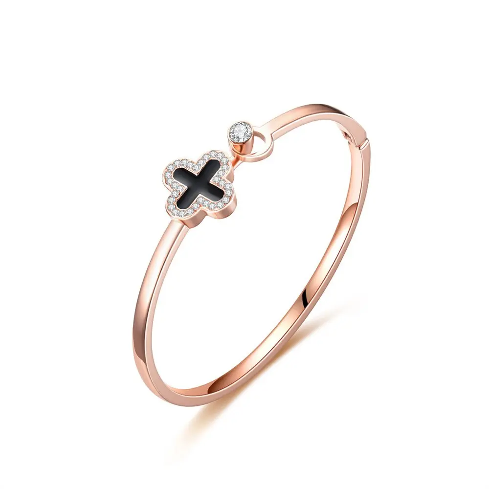 Picture of Titanium Steel Rose Leaf Clover Charm Bangle Bracelet – Buy 1 Get 1 Free | Open Cuff Design