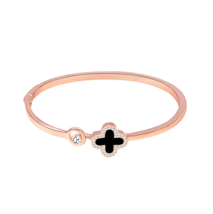 Picture of Titanium Steel Rose Leaf Clover Charm Bangle Bracelet – Buy 1 Get 1 Free | Open Cuff Design