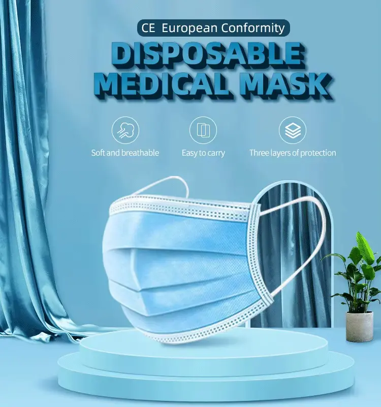 Picture of 3 Layer Breathable Blue Medical Face Masks Protection Mouth Covers Disposable Face Masks with Elastic Ear Loop