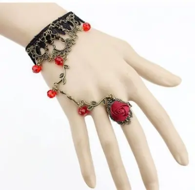 Picture of Fashion Indian Thai Golden Finger Bracelet Shining Red Crystal Girl's Belly Dance Bracelet Jewelry