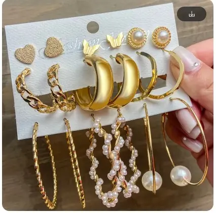 Picture of 9Pcs Geometric Hoop Earrings Set for Women Pearl Round Twisted Heavy Metal Earrings Hepburn Style Vintage Pearl Fashion Jewelry
