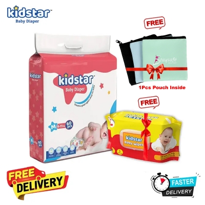 Picture of Kidstar Ultra Soft Baby Belt Diaper Medium 60pcs 6-11 KG for Kids Dryness, Safety and Comfort (Kidstar Baby Wipes (Pouch) 120 Pcs - Free)