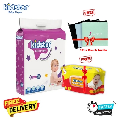 Picture of Kidstar Ultra Soft Baby Belt Diaper Large 56pcs 9-18 KG for Kids Dryness, Safety and Comfort (Kidstar Baby Wipes (Pouch) 120 Pcs - Free)
