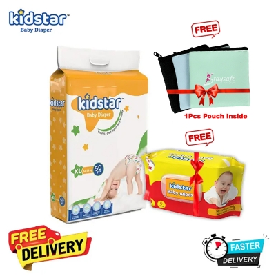 Picture of Kidstar Ultra Soft Baby Belt Diaper Extra Large 50pcs 12-25 KG for Kids Dryness, Safety and Comfort (Kidstar Baby Wipes (Pouch) 120 Pcs - Free)