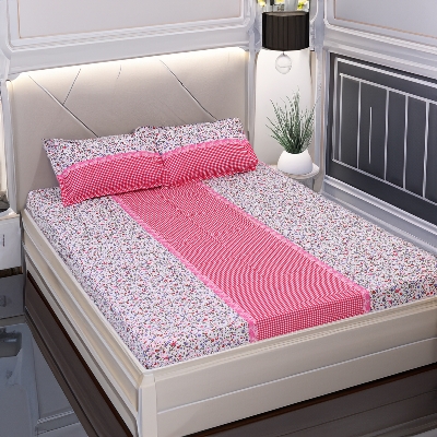 Picture of Cotton Multicolor Double King Size Flat Bed Sheet Set (7.5 by 8.5 Feet) with Two Pillow Covers - Easy Maintainance- 300 Thread Count- Hand Washable