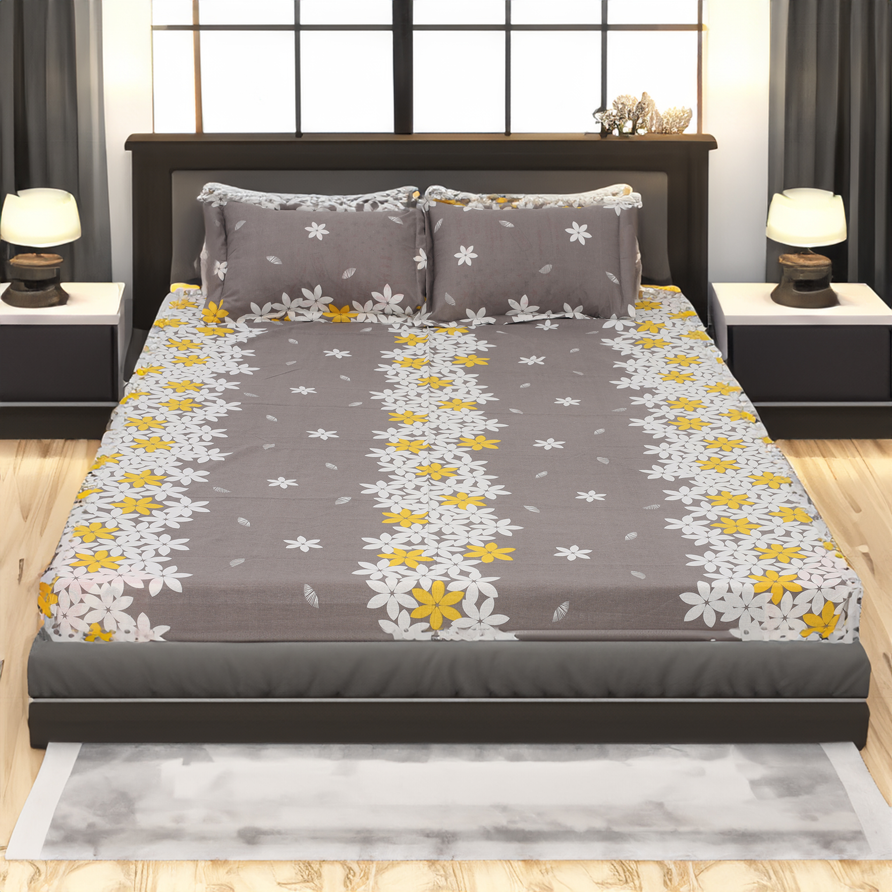 Picture of Cotton Multicolor Double King Size Flat Bed Sheet Set (7.5 by 8.5 Feet) with Two Pillow Covers - Easy Maintainance- 300 Thread Count- Hand Washable