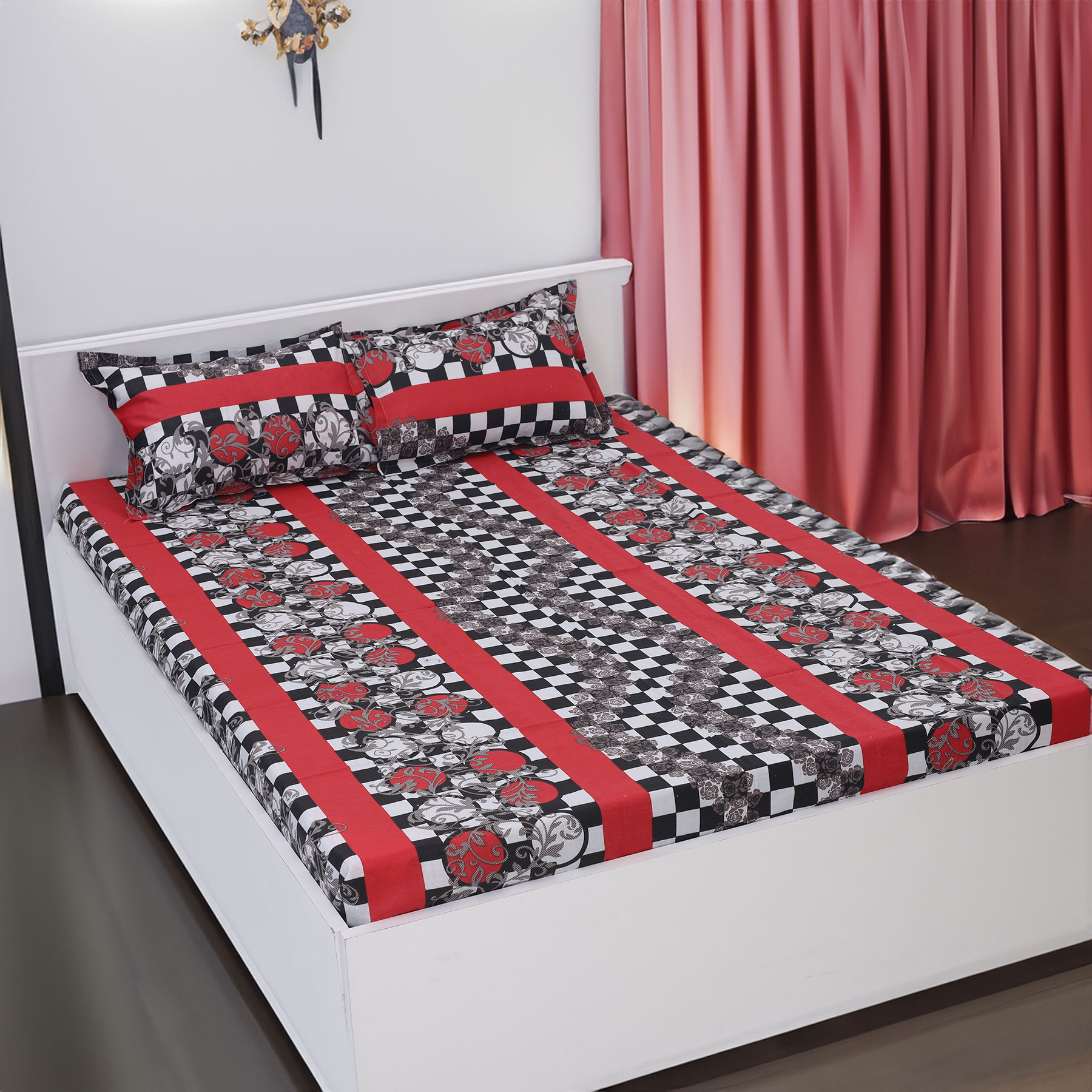 Picture of Cotton Multicolor Double King Size Flat Bed Sheet Set (7.5 by 8.5 Feet) with Two Pillow Covers - Easy Maintainance- 300 Thread Count- Hand Washable