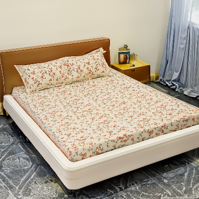 Picture of Cotton Multicolor Double King Size Flat Bed Sheet Set (7.5 by 8.5 Feet) with Two Pillow Covers - Easy Maintainance- 300 Thread Count- Hand Washable