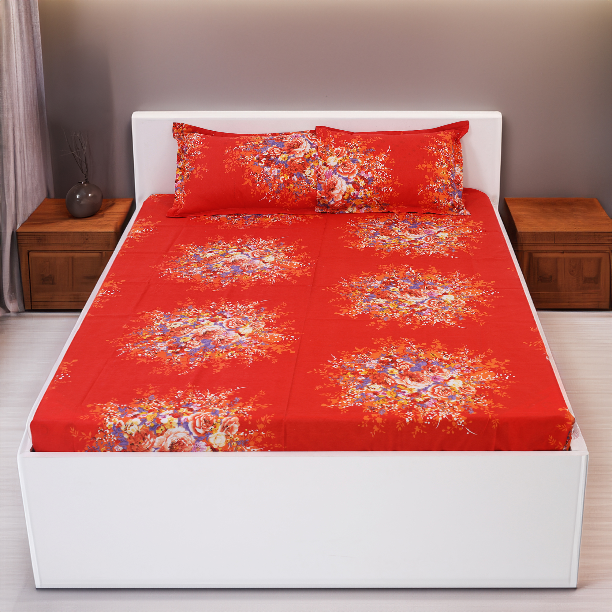 Picture of Cotton Multicolor Double King Size Flat Bed Sheet Set (7.5 by 8.5 Feet) with Two Pillow Covers - Easy Maintainance- 300 Thread Count- Hand Washable