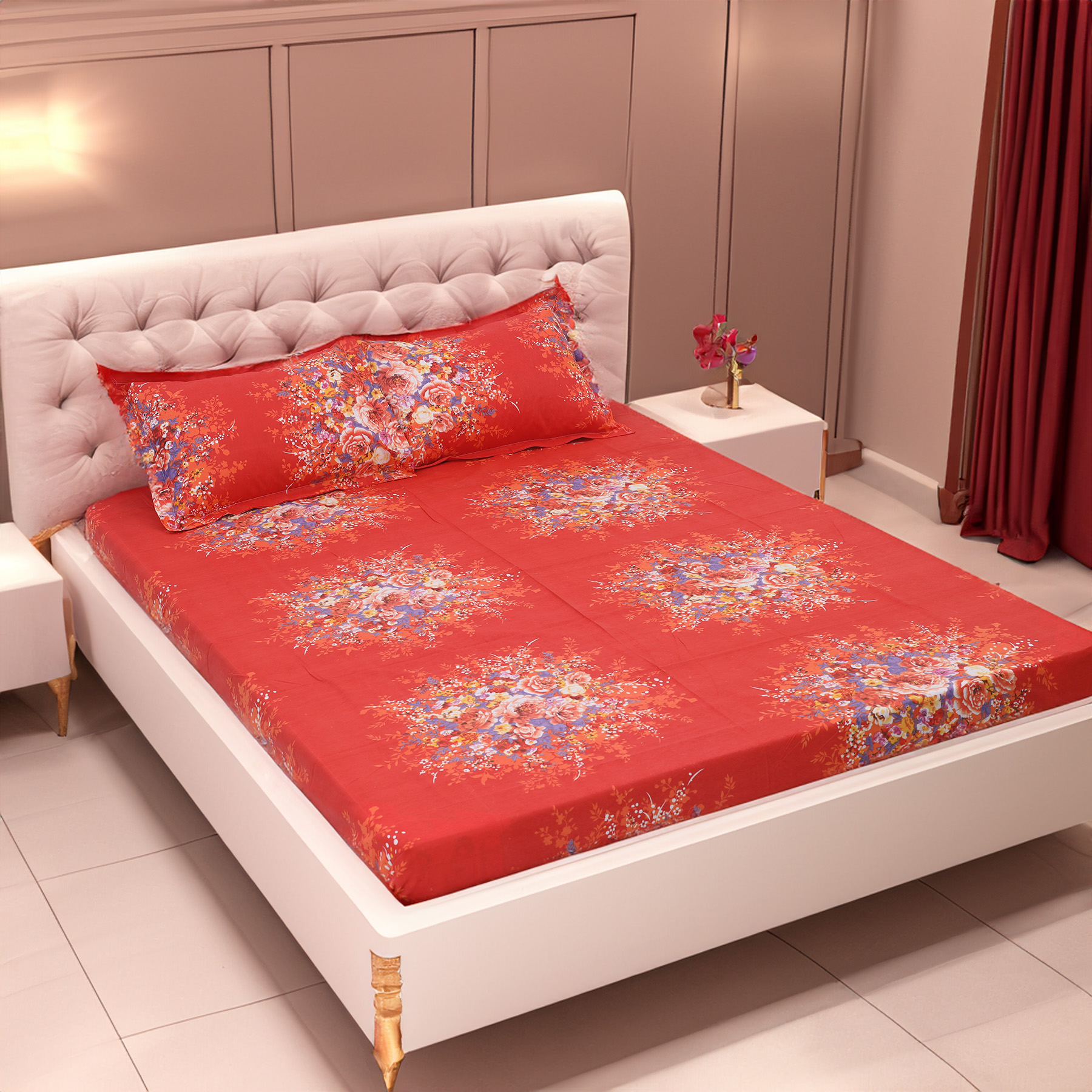 Picture of Cotton Multicolor Double King Size Flat Bed Sheet Set (7.5 by 8.5 Feet) with Two Pillow Covers - Easy Maintainance- 300 Thread Count- Hand Washable