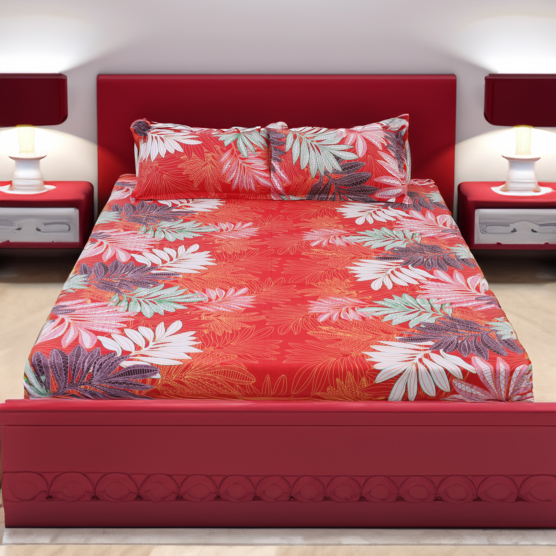 Picture of Double King Size Printed Cotton Bed Sheet (7.5 feet x 8.5 feet) With 2 Matching Pillow Covers - Flat Sheet & Hand Washable