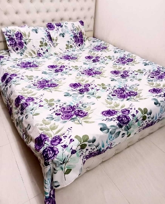 Picture of Double Size Flat Cotton Multicolor (Ash & White Floral Print) Bed Sheet Set - Two Pillow Covers Included- 300 Thread Count- Hand Washable