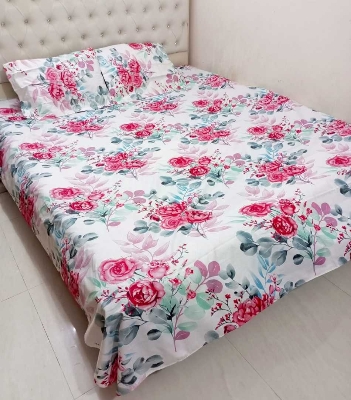 Picture of Double Size Flat Cotton Multicolor (Ash & White Floral Print) Bed Sheet Set - Two Pillow Covers Included- 300 Thread Count- Hand Washable