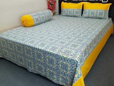 Picture of Double King Size Cotton Febric Multicolor Print 7.5 By 8.5 Feet Bedsheet Set With Two Pillow Covers=