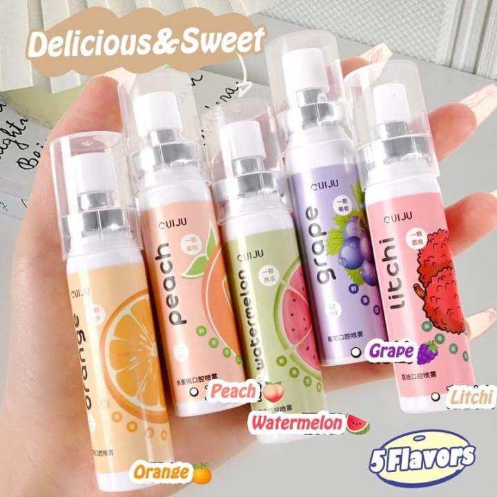 Picture of Oral Fresh Spray Mouth Freshener 6 Smell Fresh Breath Mouth Fruit Litchi Peach Grape Flavor Persistent Portable Oral Care