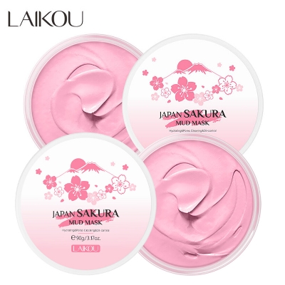 Picture of LAIKOU Japan Sakura Clay Mask Deep Cleansing Whitening Repair Skin Mud Korean Face Mask Oil Control Shrink Pores Skin Care 80g+Soft Silicone Facial Brush